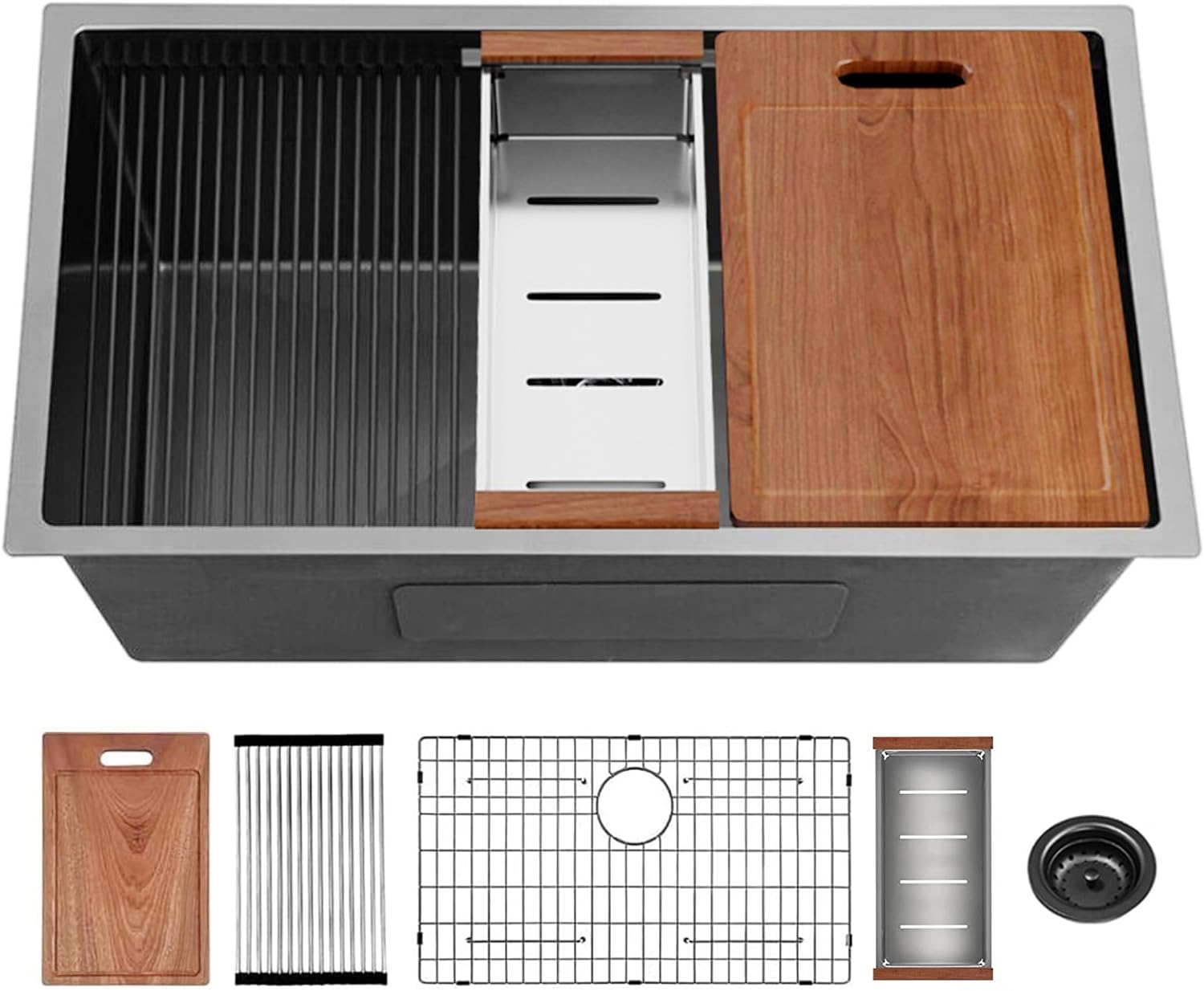 33" x 19" Gunmetal Black Stainless Steel Undermount Kitchen Sink, 33x19 Handmade 16 Gauge Single Bowl Workstation Sink, 10 Inch Deep All in One Kitchen Sink is equipped with various accessories