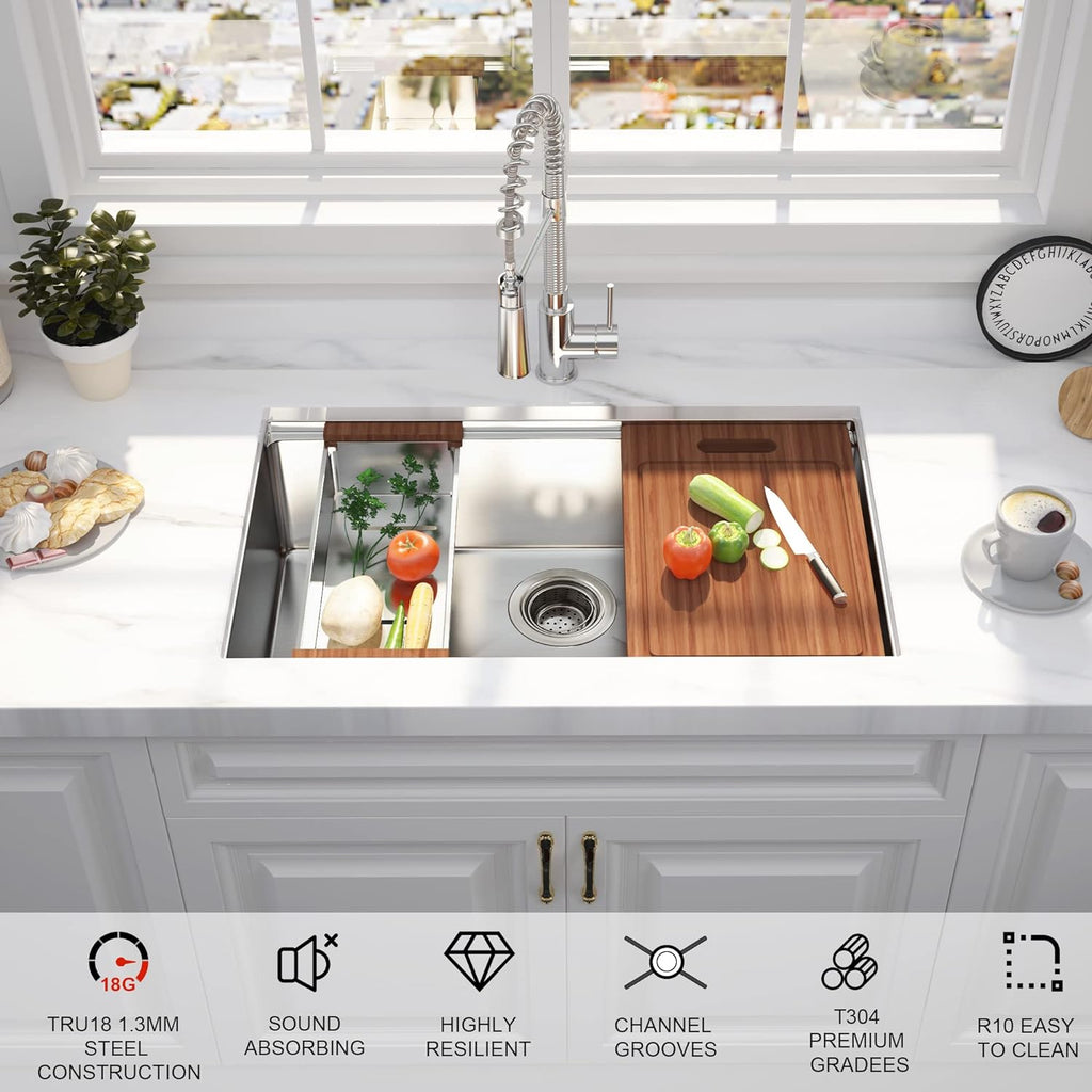 32" x 18" Undermount Kitchen Sink, R10 Tight Radius 18 Gauge Workstation Undermount Stainless Steel Single Bowl Kitchen Sinks And Accessories