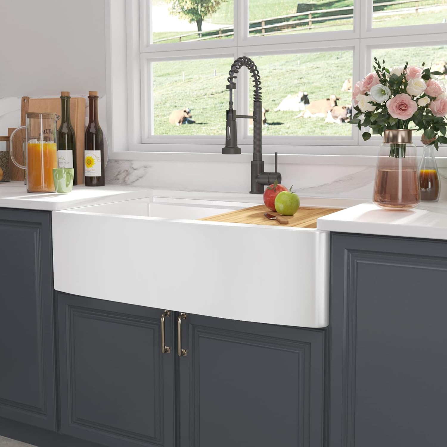 33" x 21" Workstation Apron Front Farm Kitchen Sink White Ceramic Porcelain Single Bowl Farm Sink Extra Deep Wide Curved Front Undermount Farm Sinks
