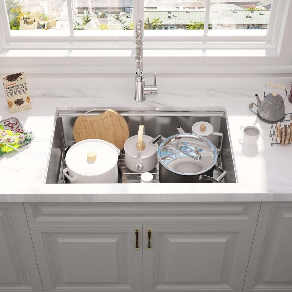 32" x 19" Undermount Workstation Kitchen Sink, Handmade Stainless Steel 18 Gauge Single Bowl R10 Tight Radius Kitchen Sink Integrated Ledge and Accessories (Pack of 5), 32"x19"