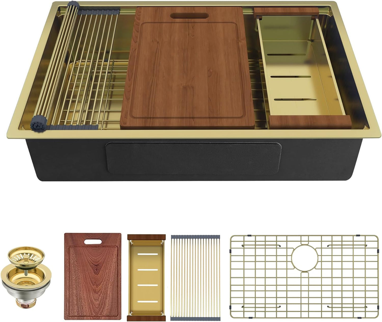 30" x 19" Gold Undermount Workstation Kitchen Sink, 16 Gauge R10 Tight Radius Stainless Steel Single Bowl Kitchen Sink with Integrated Ledge and Accessories