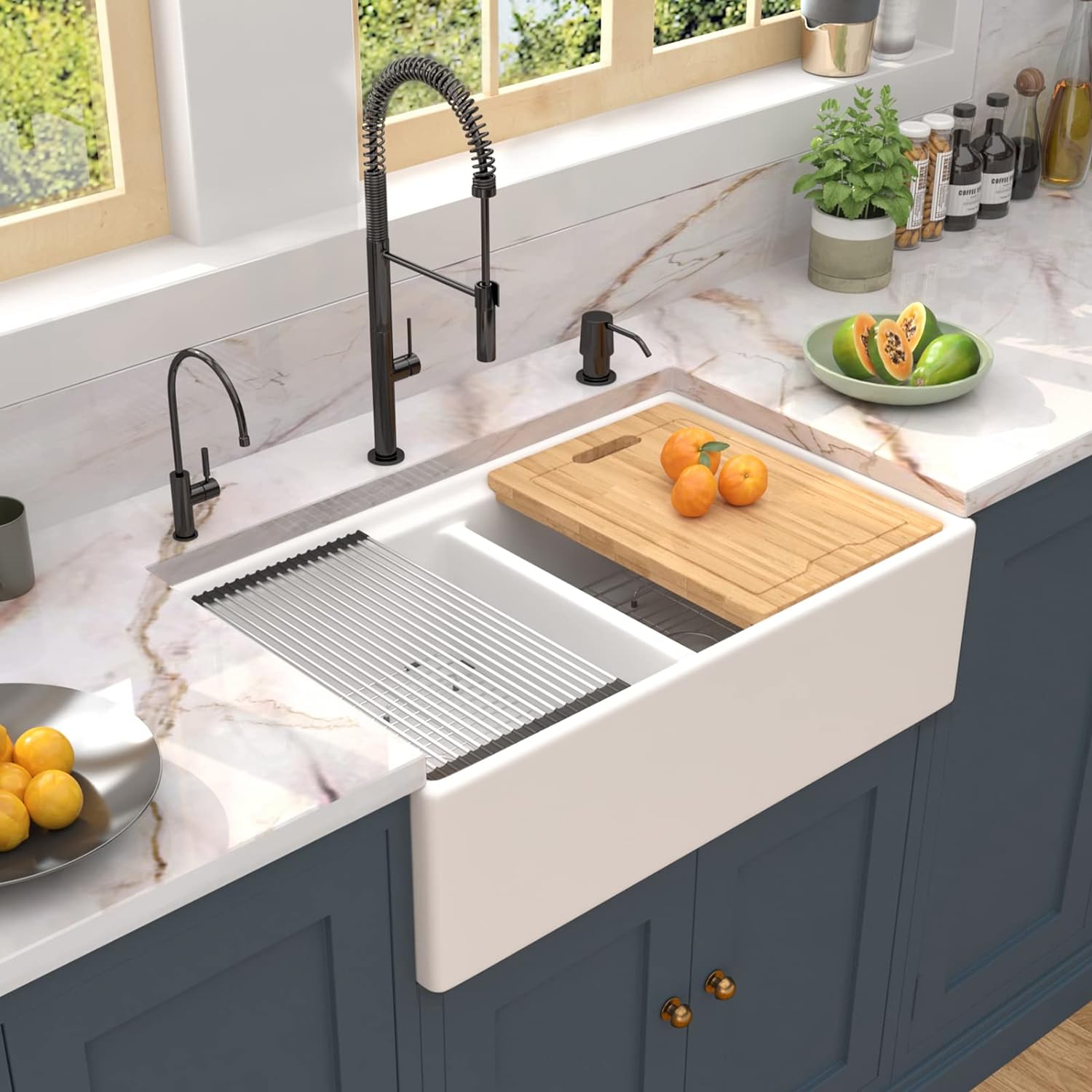 33" x 20" x 10" Double Bowl White Farmhouse Sink, Porcelain Fireclay Ceramic Apron-Front Kitchen Sink, Farm Sink with various accessories
