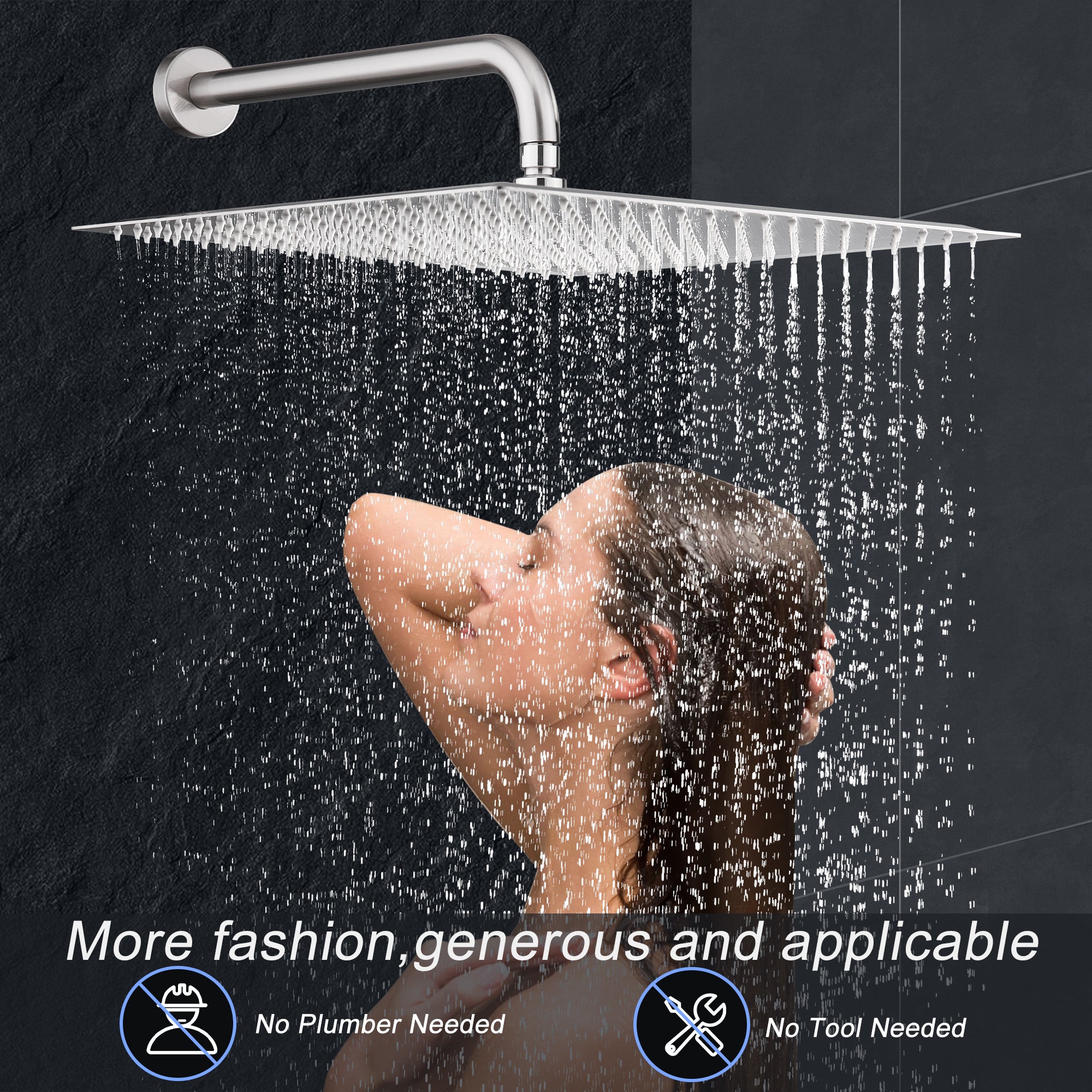 16" Brushed Nickel Rain Shower Head — Ultra-Thin 304 Stainless Steel with 360° Adjustment