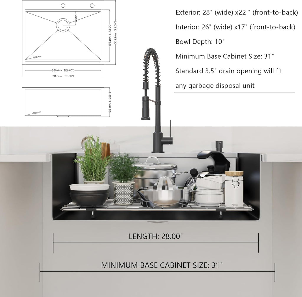 28 x 22 inch Drop In Kitchen Sink, Gunmetal Black Drop In Workstation Sink 16 Gauge Topmount Stainless Steel Single Bowl Kitchen Sink with Ledge and Accessories