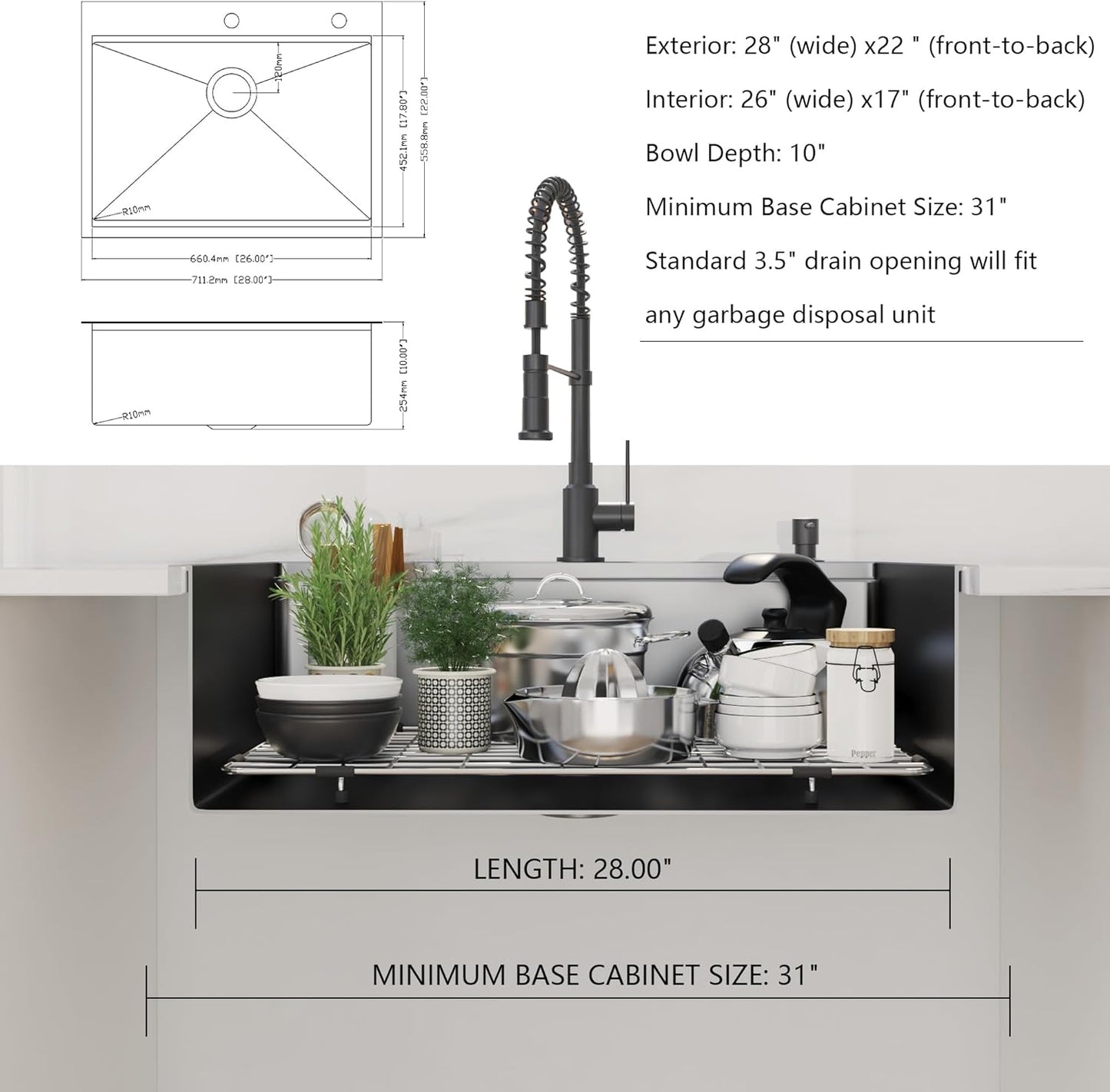 28 x 22 inch Drop In Kitchen Sink, Gunmetal Black Drop In Workstation Sink 16 Gauge Topmount Stainless Steel Single Bowl Kitchen Sink with Ledge and Accessories