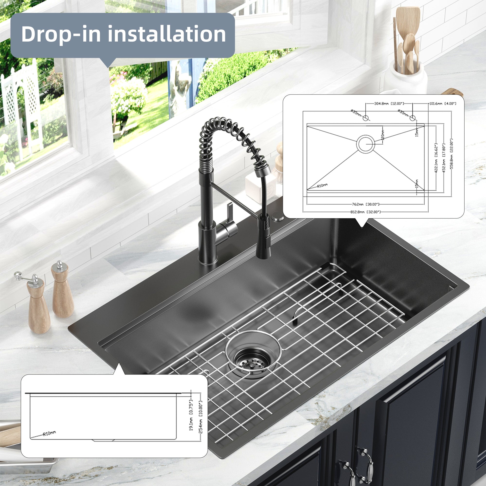 Gunmetal Black Stainless Steel 32 in. 18G Single Bowl Dual Mount Workstation Kitchen Sink with Black Spring Neck Faucet