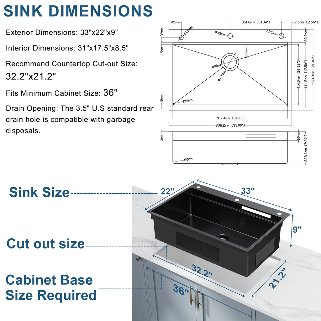 33"x22"x9" Gunmetal Black Waterfall Kitchen Sink with Pull Out Faucet, Drop-in Single Bowl Modern Workstation with Accessories
