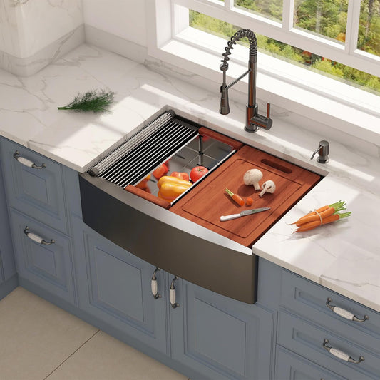 30" x 22" Gunmetal Black Farmhouse Workstation Sink, Handmade Apron-Front Stainless Steel Kitchen Sink R10 Radius 16 Gauge Single 10 inch Deep Basin Farm Luxury Sink