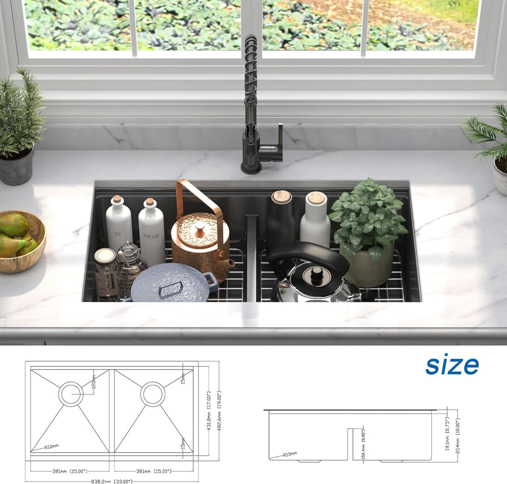 33" x 19" Black Undermount 50/50 Double Bowl Kitchen Sink,Gunmetal Black Undermount Workstation, Stainless Steel 16 Gauge Kitchen Sink and Accessories