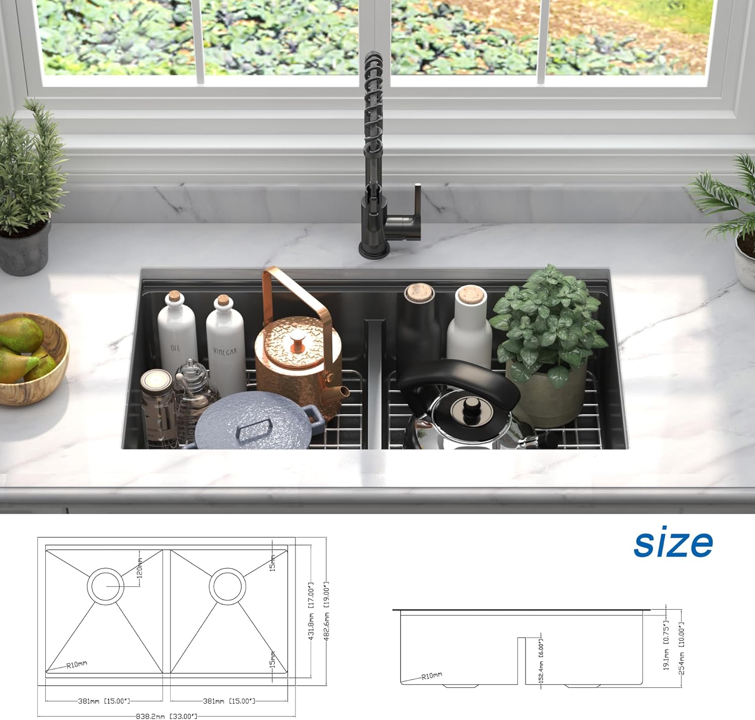 33" x 19" Black Undermount 50/50 Double Bowl Kitchen Sink,Gunmetal Black Undermount Workstation, Stainless Steel 16 Gauge Kitchen Sink and Accessories