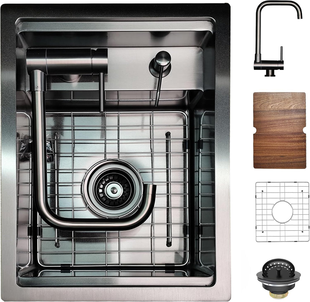15 Inch Black Hidden Concealed Kitchen Bar Sink with Folding Faucet