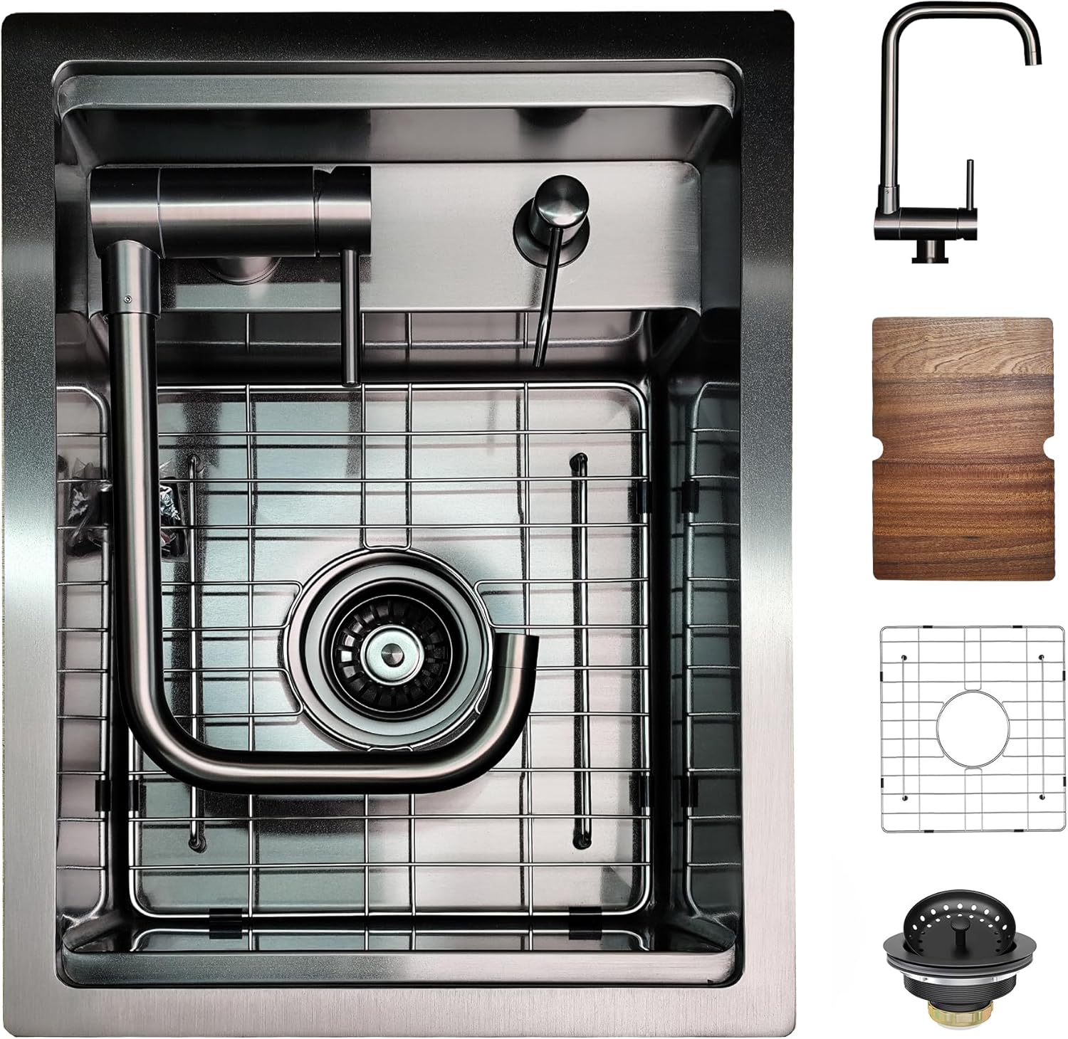 15 Inch Black Hidden Concealed Kitchen Bar Sink with Folding Faucet