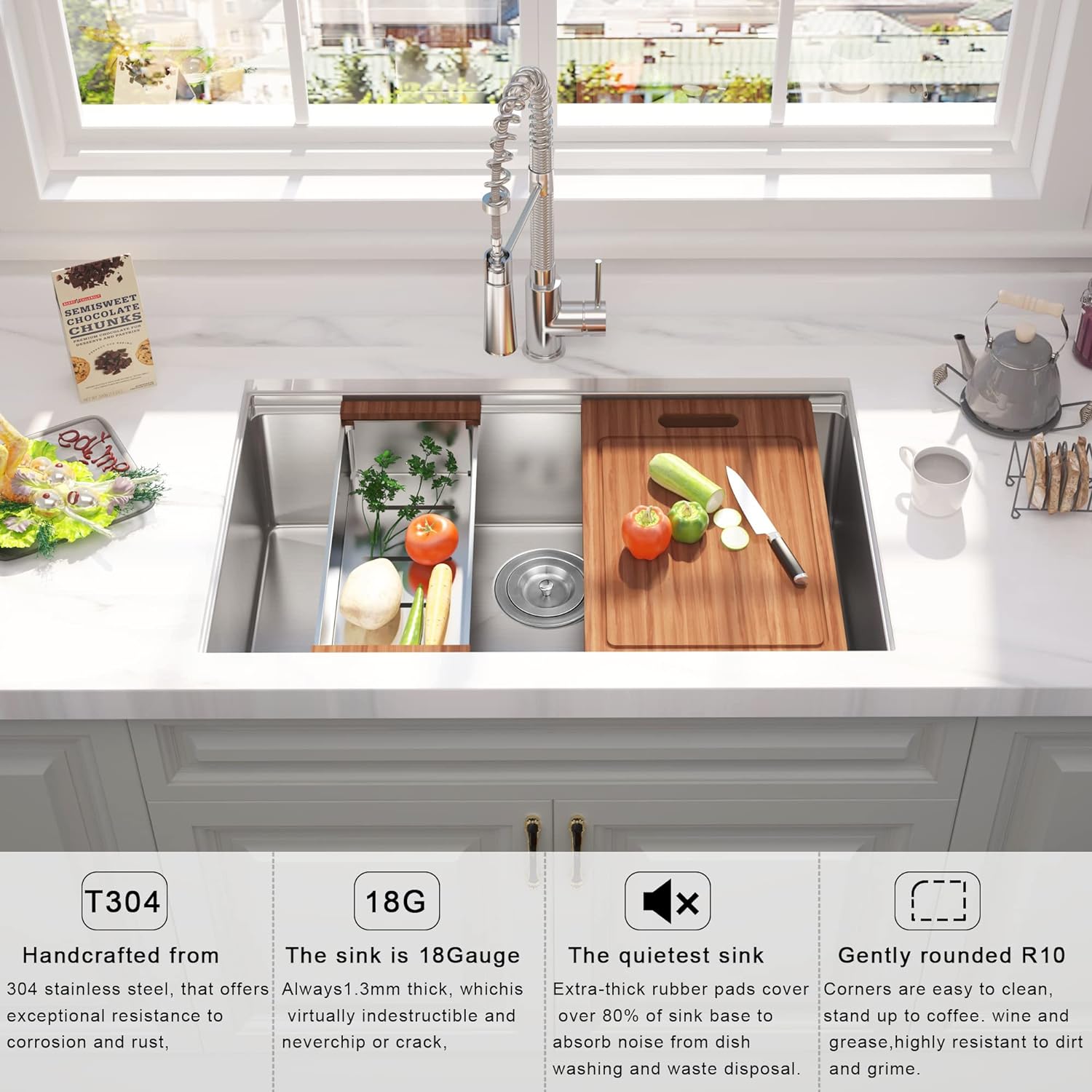 32" x 19" Undermount Workstation Kitchen Sink, Handmade Stainless Steel 18 Gauge Single Bowl R10 Tight Radius Kitchen Sink Integrated Ledge and Accessories (Pack of 5), 32"x19"