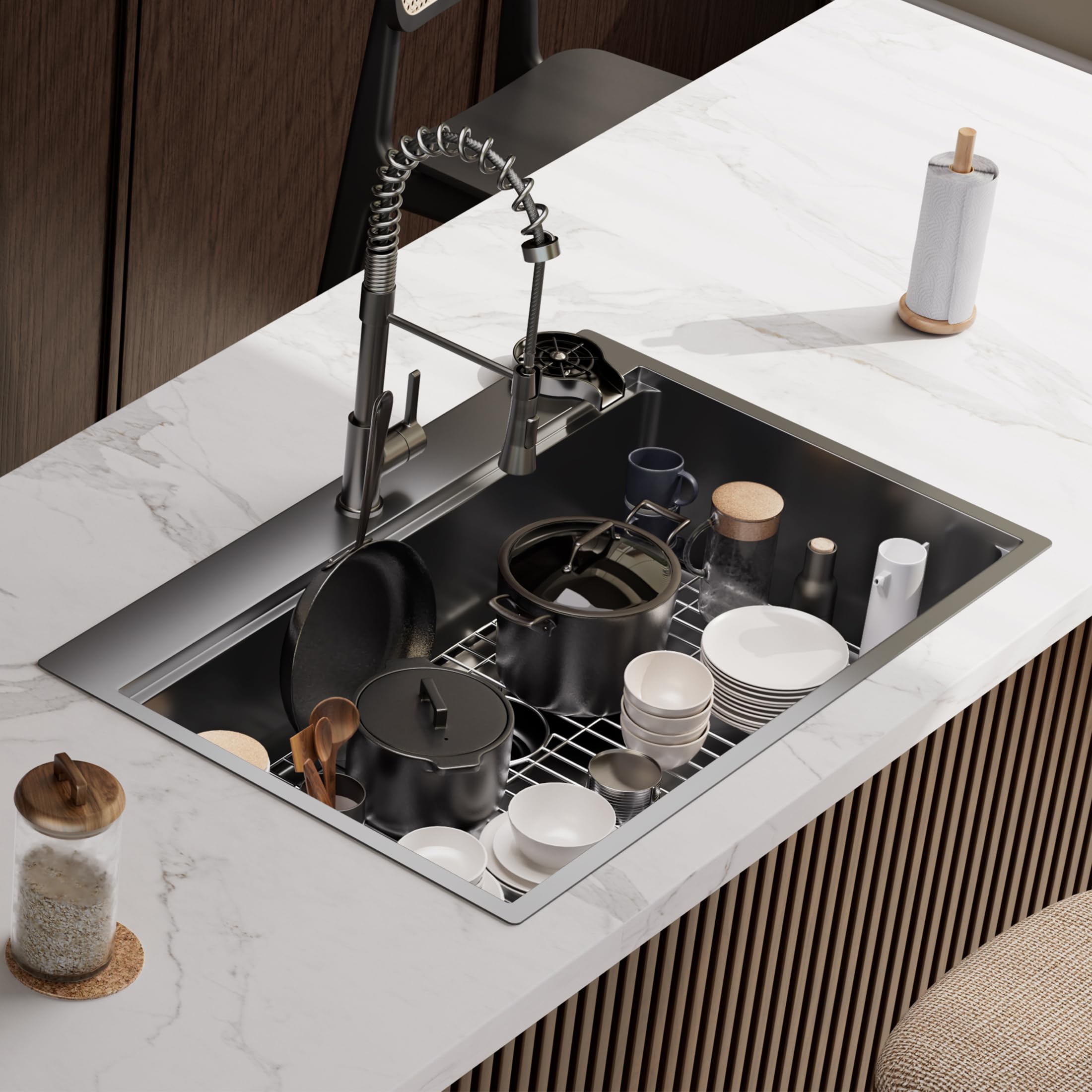 33"x22"x10" Black Drop-In Workstation Sink 16 Gauge Stainless Steel, Topmount Single Bowl Kitchen Sink with Cutting Board, Colander, Drying Rack & Accessories (Faucet Not Included)