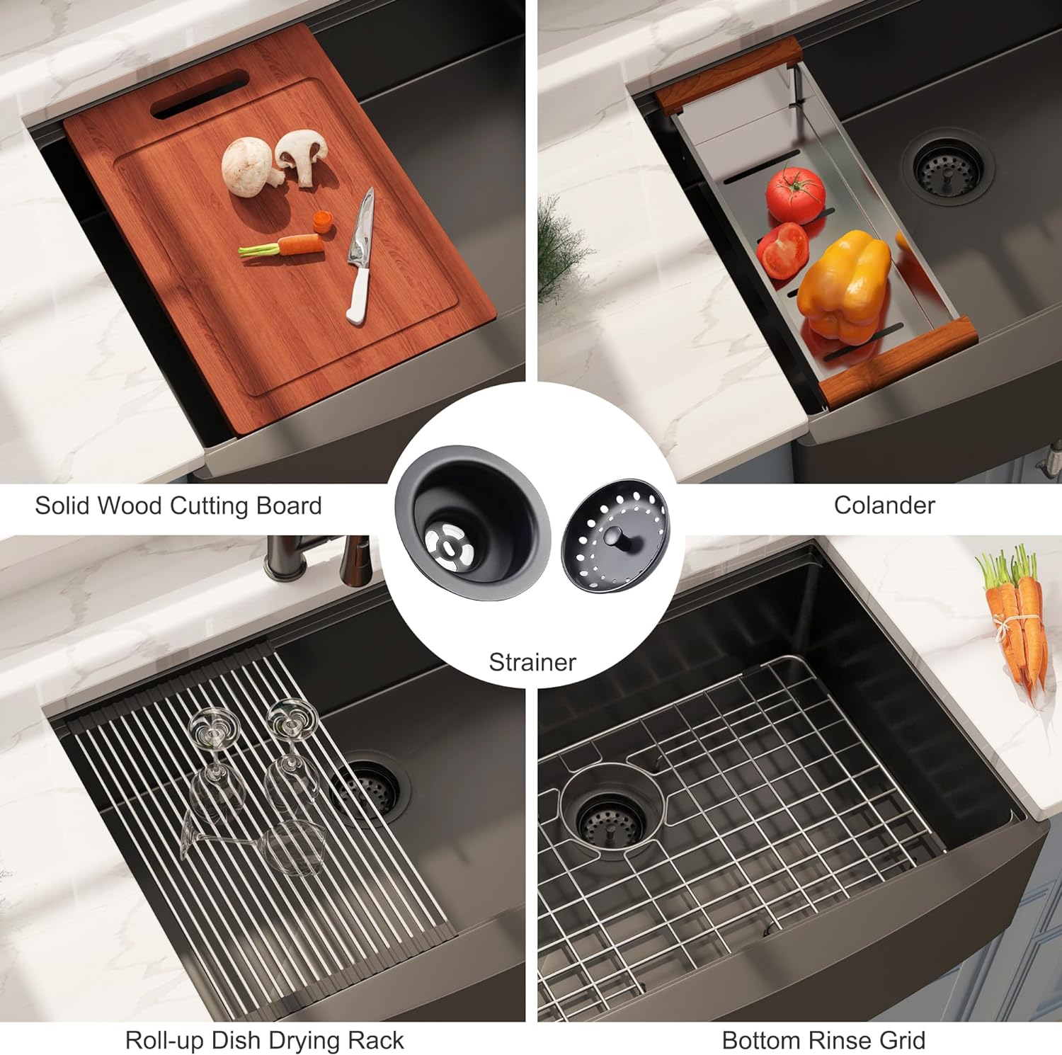 30" x 22" Gunmetal Black Farmhouse Workstation Sink, Handmade Apron-Front Stainless Steel Kitchen Sink R10 Radius 16 Gauge Single 10 inch Deep Basin Farm Luxury Sink