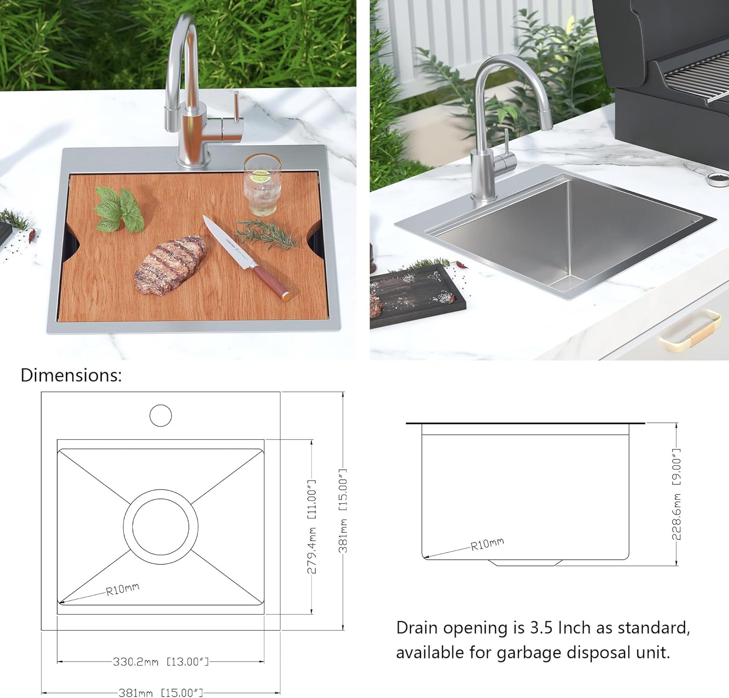 15" x 15" Inch 18 Gauge Stainless Steel Drop in Kitchen Bar Sink
