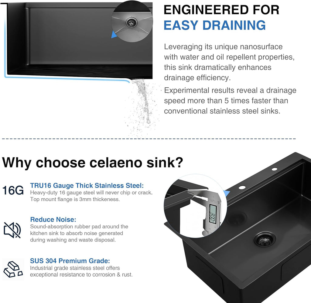 25" x 22" Inch 16 Gauge Black Stainless Steel Drop in Kitchen Sink