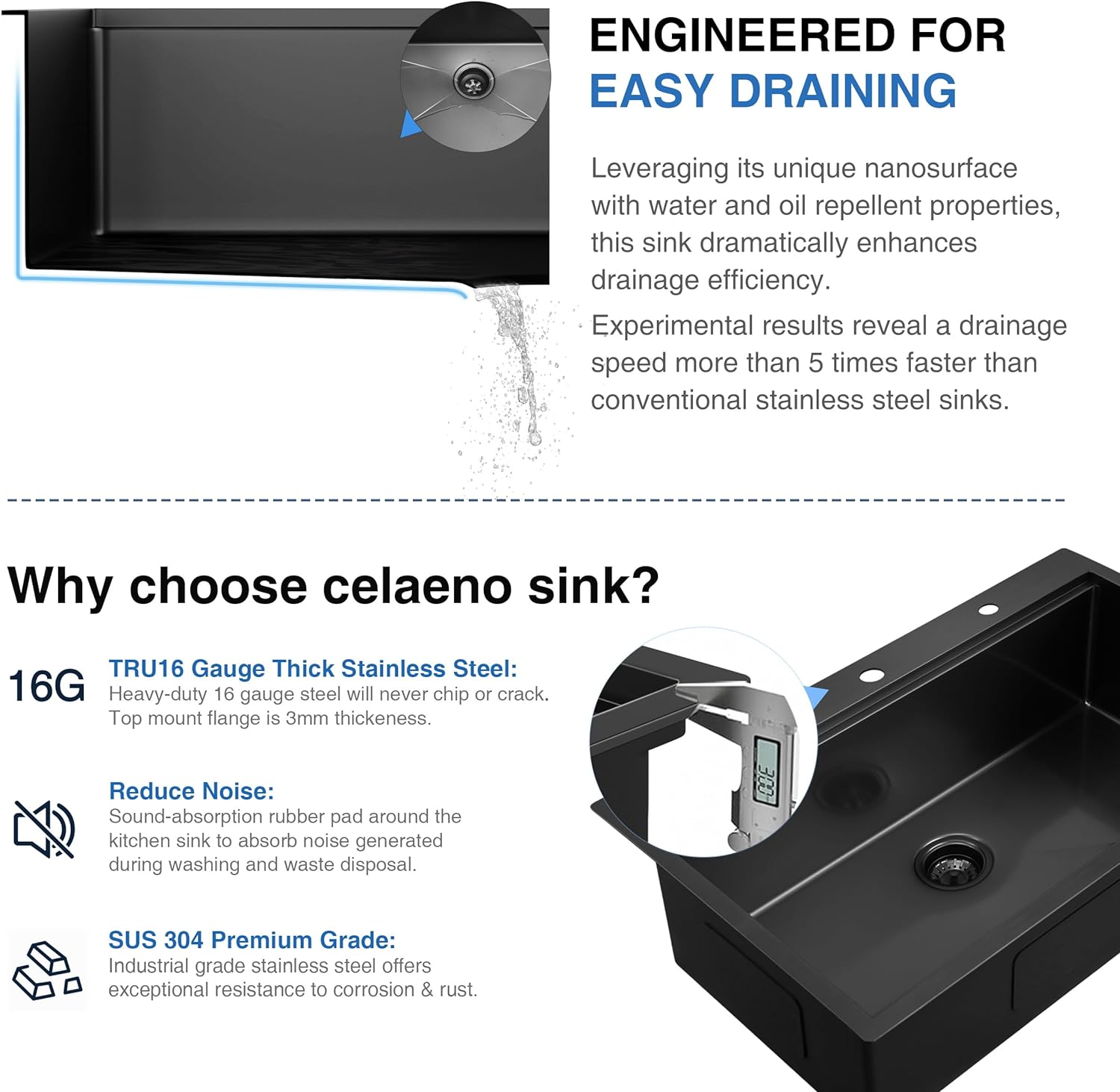 25" x 22" Inch 16 Gauge Black Stainless Steel Drop in Kitchen Sink