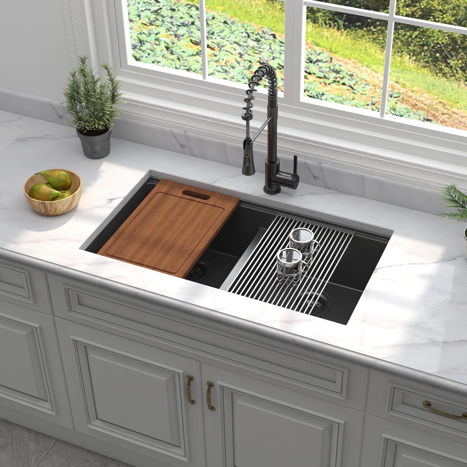 33" x 19" Black Undermount 50/50 Double Bowl Kitchen Sink,Gunmetal Black Undermount Workstation, Stainless Steel 16 Gauge Kitchen Sink and Accessories