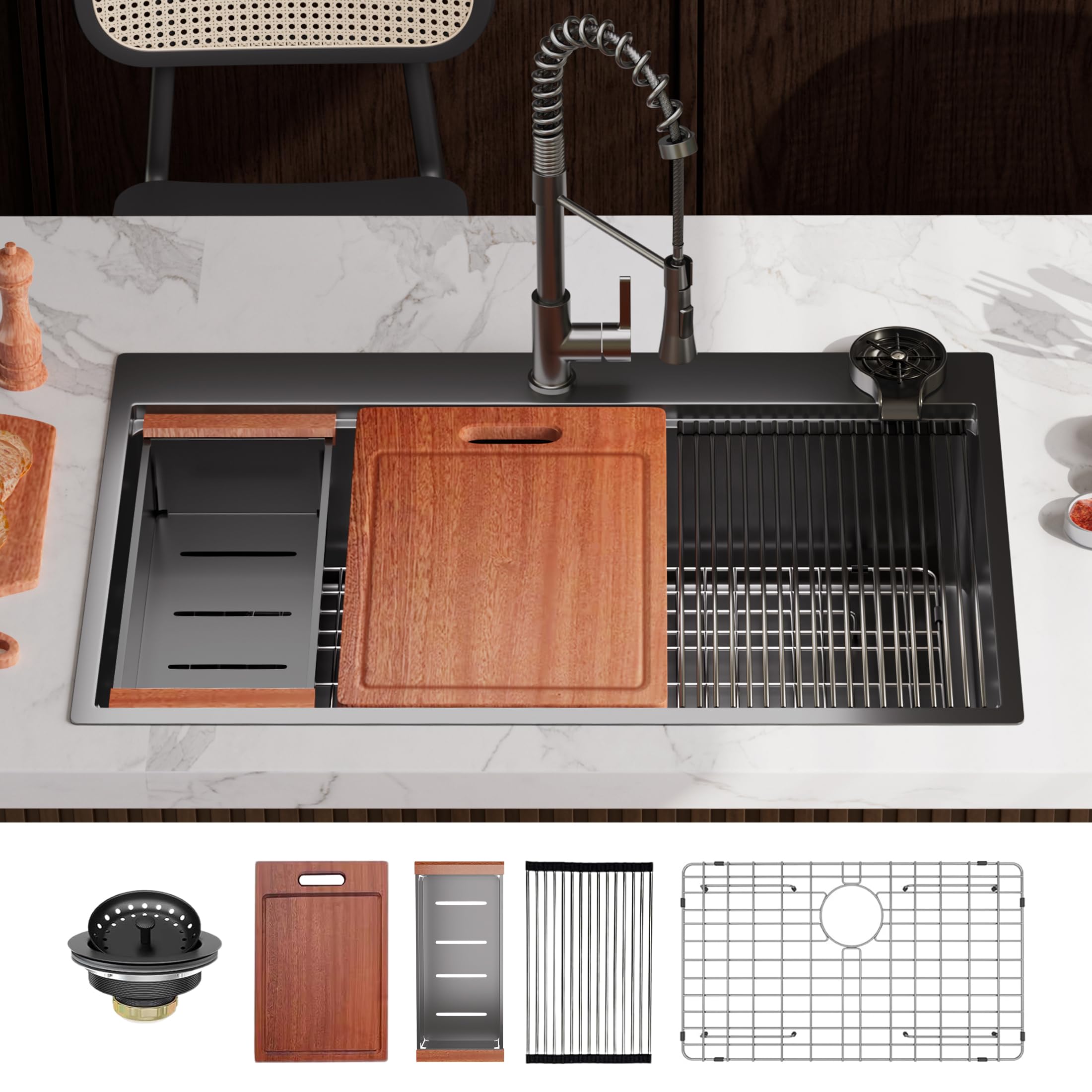 33"x22"x10" Black Drop-In Workstation Sink 16 Gauge Stainless Steel, Topmount Single Bowl Kitchen Sink with Cutting Board, Colander, Drying Rack & Accessories (Faucet Not Included)