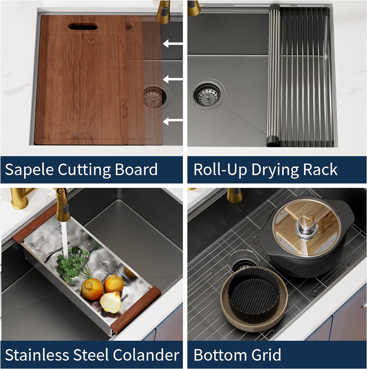32" x 19" Gunmetal Black Stainless Steel Undermount Kitchen Sink, 32x19 Handmade 16 Gauge Single Bowl Workstation Sink, 10 Inch Deep Kitchen Sink is equipped with various accessories