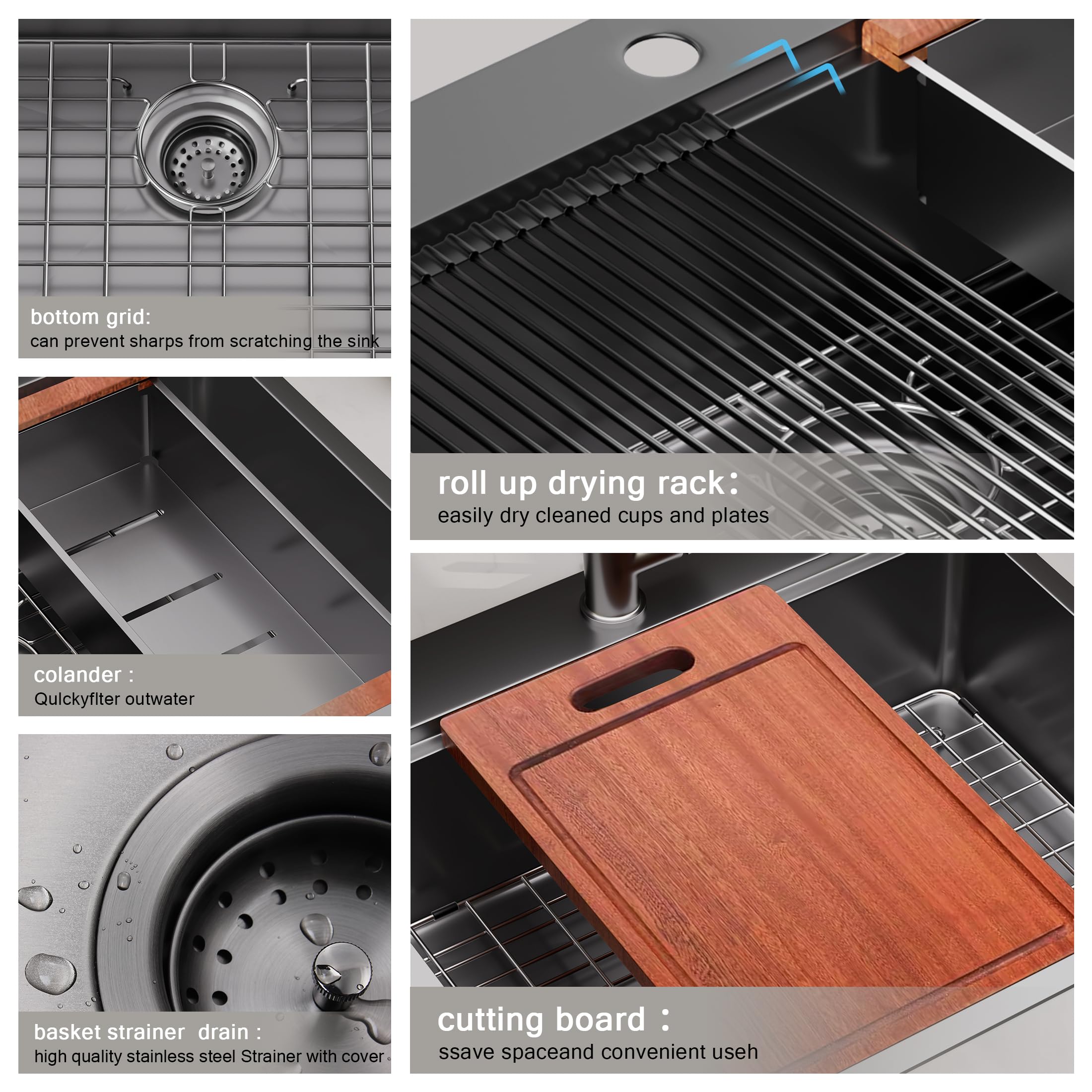 33"x22"x10" Black Drop-In Workstation Sink 16 Gauge Stainless Steel, Topmount Single Bowl Kitchen Sink with Cutting Board, Colander, Drying Rack & Accessories (Faucet Not Included)