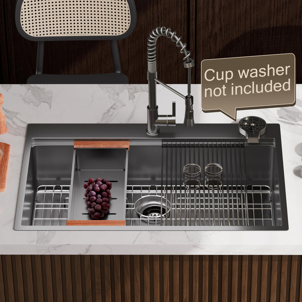 33"x22"x10" Black Drop-In Workstation Sink 16 Gauge Stainless Steel, Topmount Single Bowl Kitchen Sink with Cutting Board, Colander, Drying Rack & Accessories (Faucet Not Included)