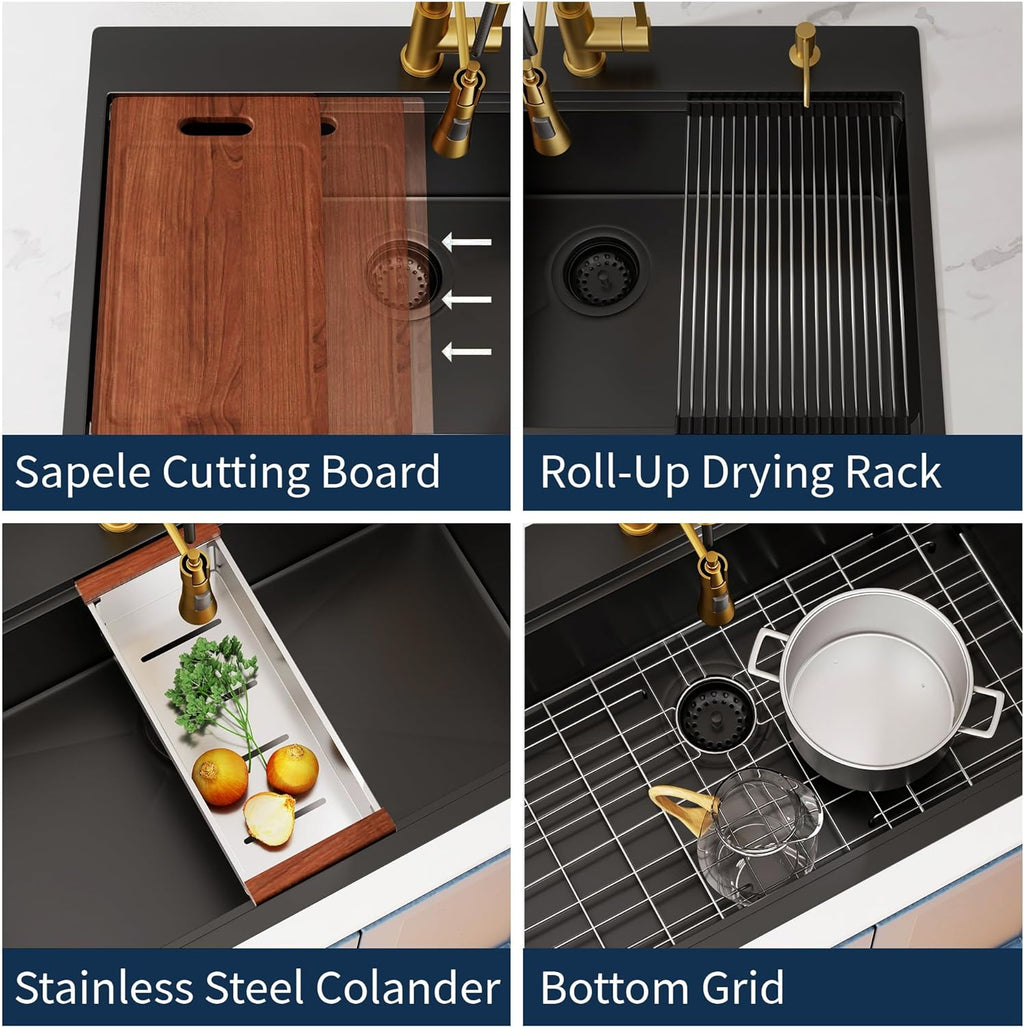25" x 22" Inch 16 Gauge Black Stainless Steel Drop in Kitchen Sink