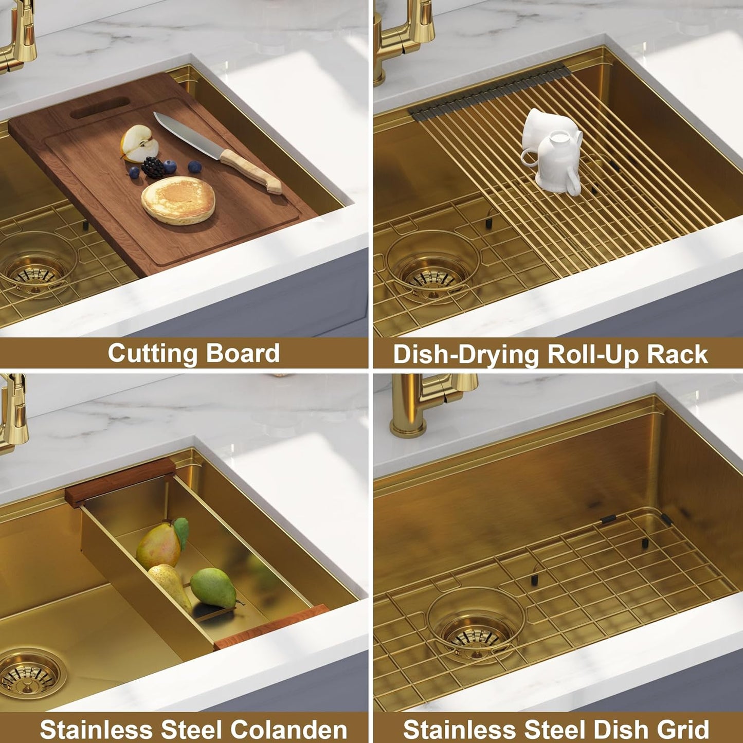 30" x 19" Gold Undermount Workstation Kitchen Sink, 16 Gauge R10 Tight Radius Stainless Steel Single Bowl Kitchen Sink with Integrated Ledge and Accessories