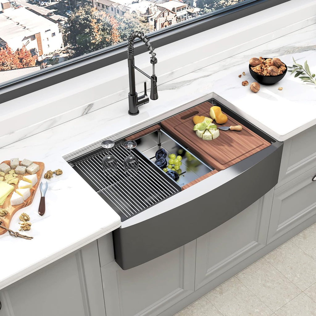 36" x 22" Gunmetal Black Farmhouse Workstation Apron-Front Kitchen Sink, 16 Gauge 10 inch Deep Single Bowl Farm Sink with Accessories Kit