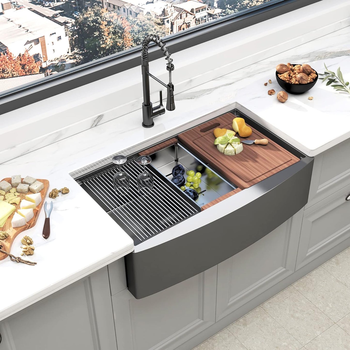36" x 22" Gunmetal Black Farmhouse Workstation Apron-Front Kitchen Sink, 16 Gauge 10 inch Deep Single Bowl Farm Sink with Accessories Kit