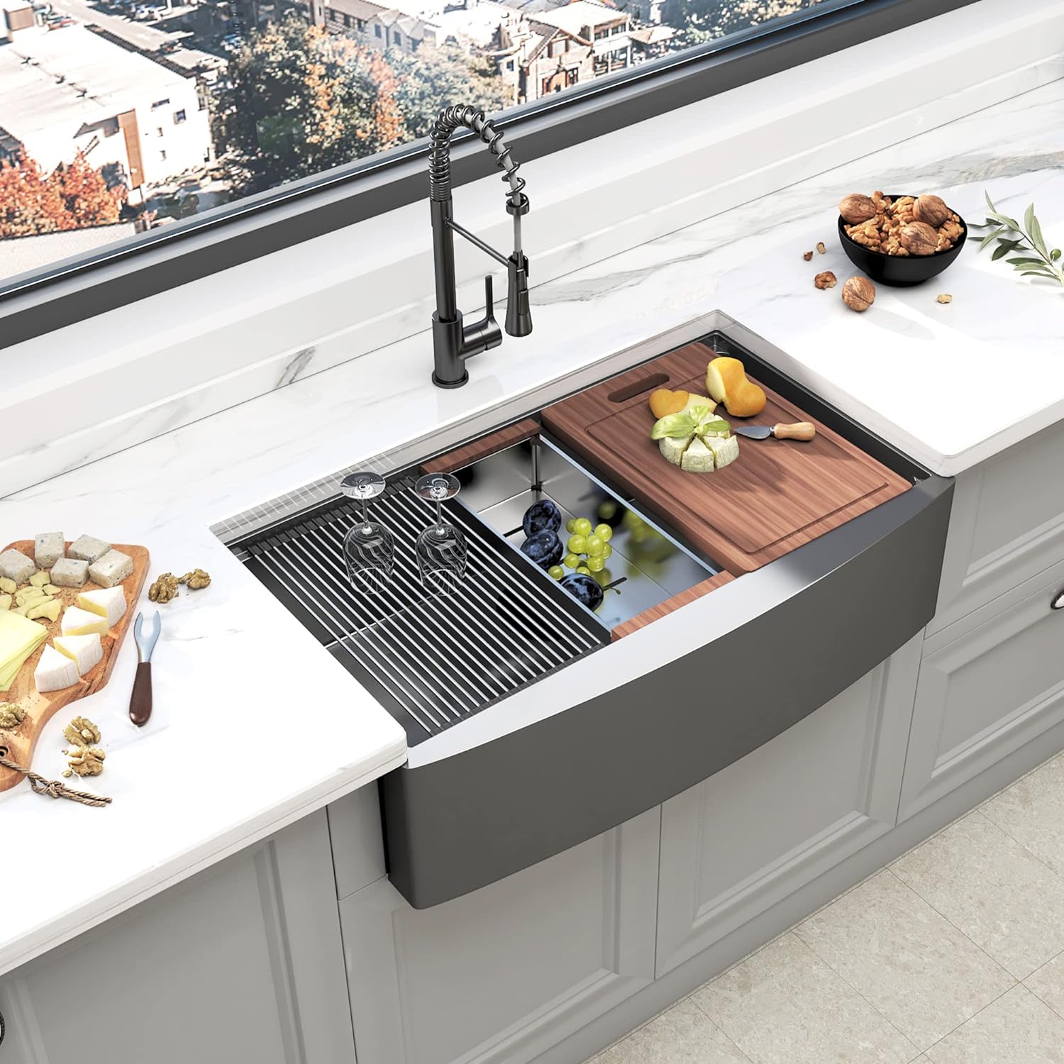 36" x 22" Gunmetal Black Farmhouse Workstation Apron-Front Kitchen Sink, 16 Gauge 10 inch Deep Single Bowl Farm Sink with Accessories Kit