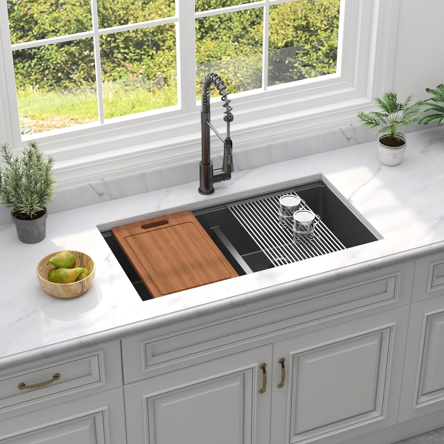33" x 19" Black Undermount 50/50 Double Bowl Kitchen Sink,Gunmetal Black Undermount Workstation, Stainless Steel 16 Gauge Kitchen Sink and Accessories
