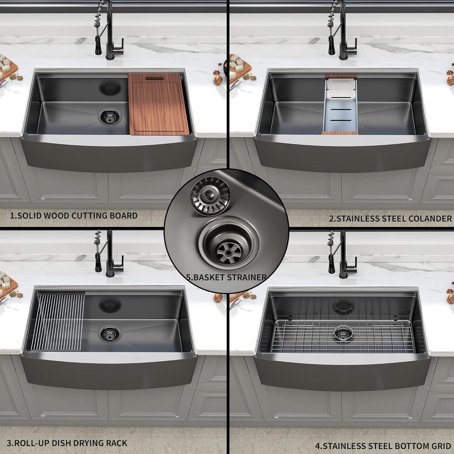 36 Inch Gunmetal Black Farmhouse Workstation Apron-Front Kitchen Sink, 16 Gauge 10 inch Deep Single Bowl Farm Sink with Accessories Kit