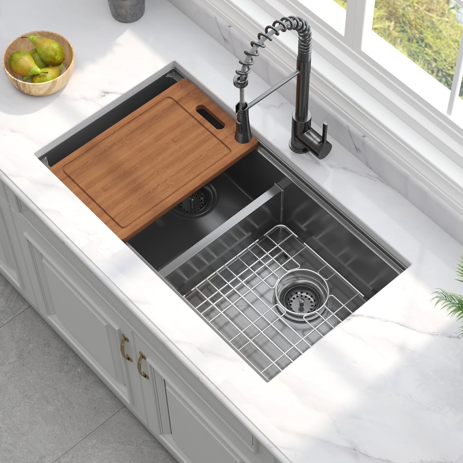 33" x 19" Black Undermount 50/50 Double Bowl Kitchen Sink,Gunmetal Black Undermount Workstation, Stainless Steel 16 Gauge Kitchen Sink and Accessories