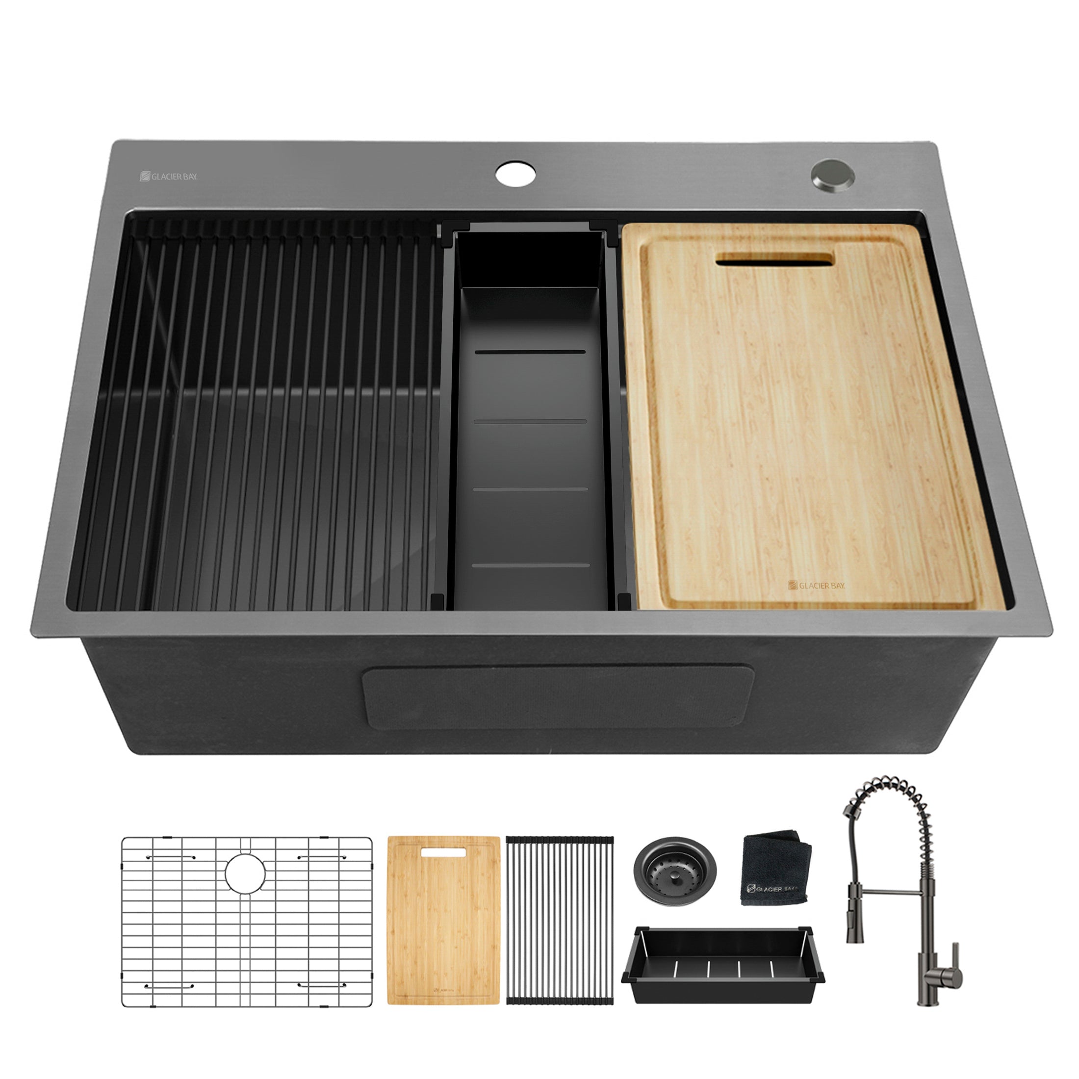 Gunmetal Black Stainless Steel 32 in. 18G Single Bowl Dual Mount Workstation Kitchen Sink with Black Spring Neck Faucet