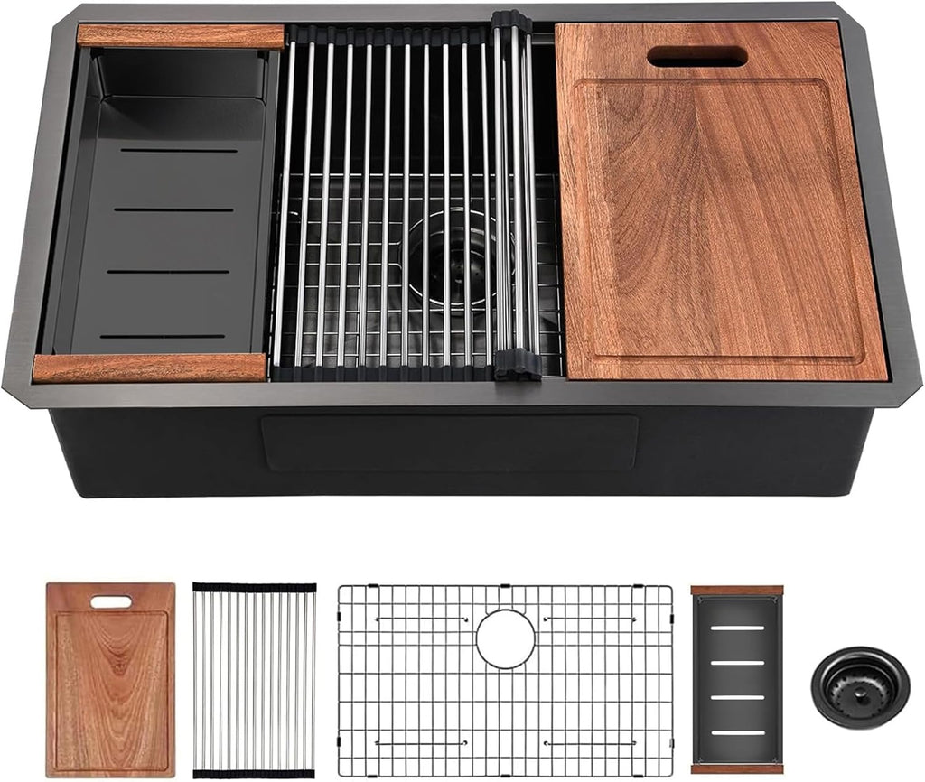 30"x19"x10" Undermount Workstation Sink — 16 Gauge Gunmetal Black Stainless Steel with R10 Radius & Accessories