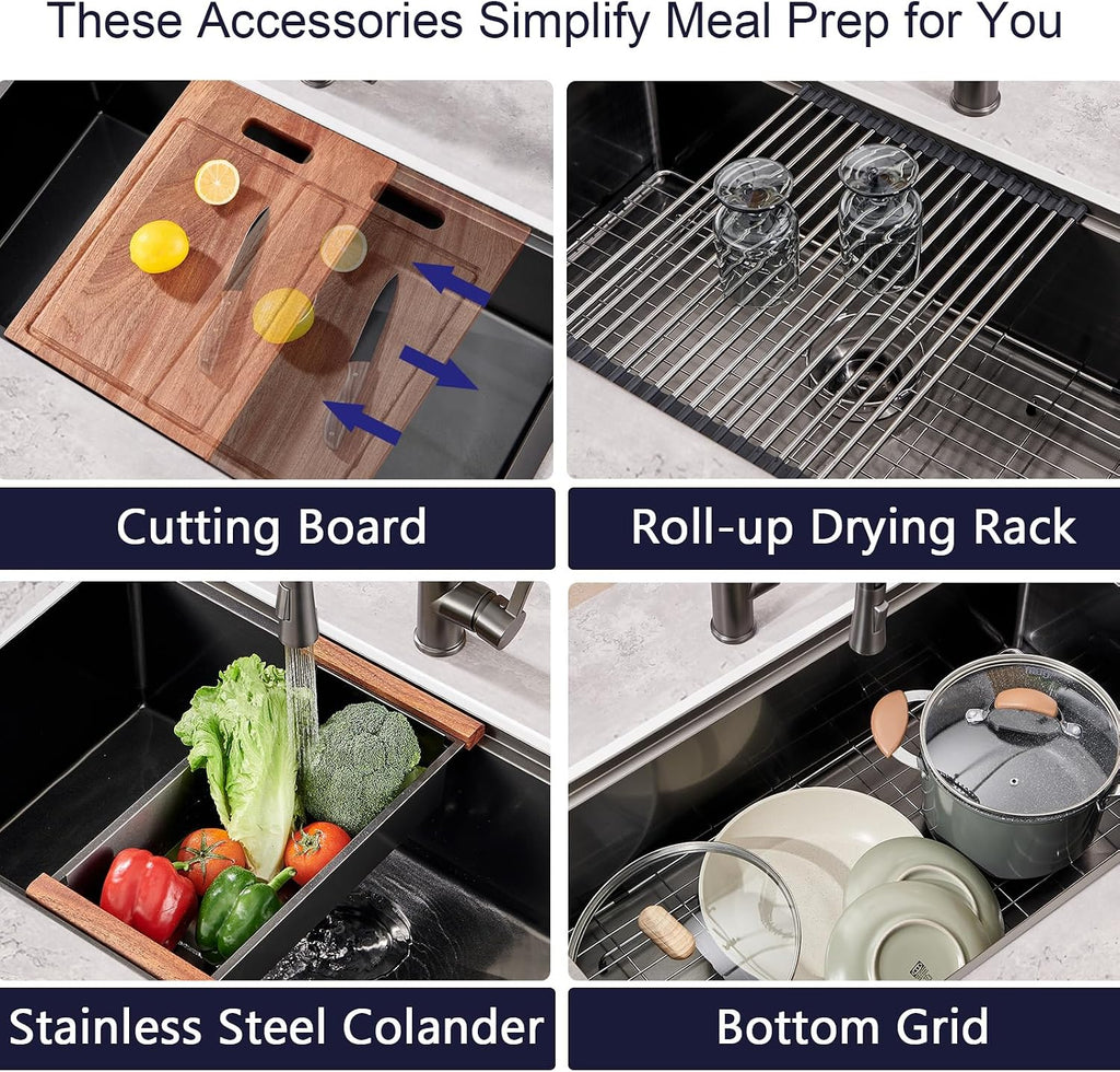 30"x19"x10" Undermount Workstation Sink — 16 Gauge Gunmetal Black Stainless Steel with R10 Radius & Accessories
