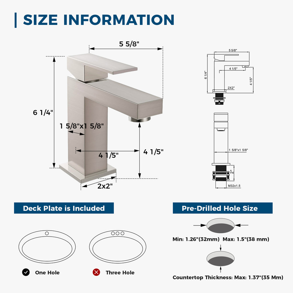 Single-Hole Bathroom Faucet - Brushed Nickel — Solid Brass Construction