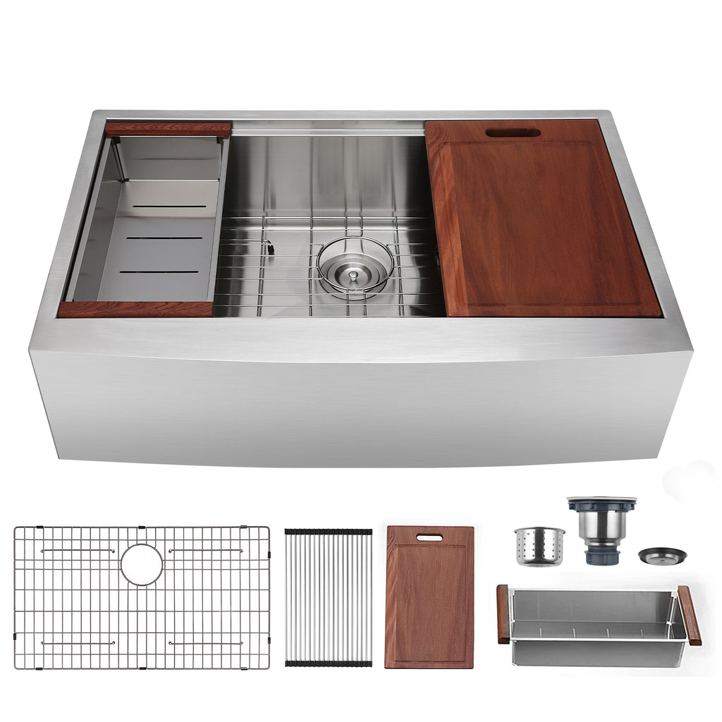 33" X 22" Single Bowl Stainless Steel Farmhouse Workstation Kitchen Sink (18 Gauge) ｜ALWEN