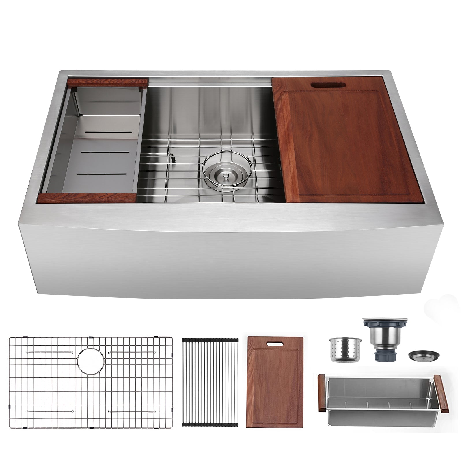 33" X 22" Single Bowl Stainless Steel Farmhouse Workstation Kitchen Sink (18 Gauge) ｜ALWEN