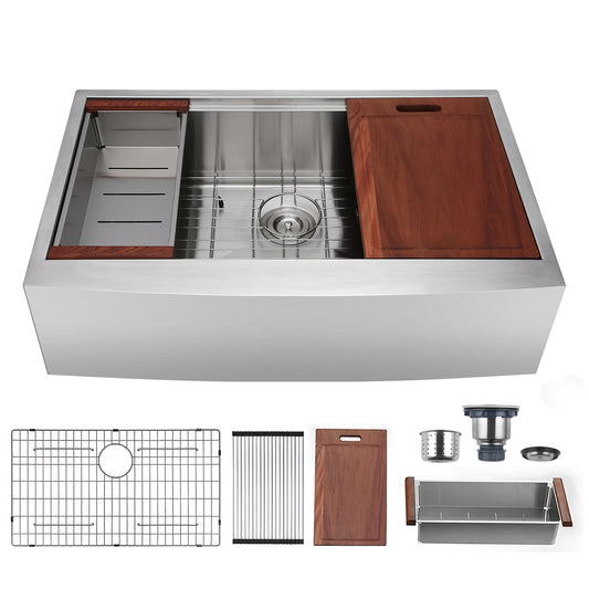 33" X 22" Single Bowl Stainless Steel Farmhouse Workstation Kitchen Sink (18 Gauge) ｜ALWEN