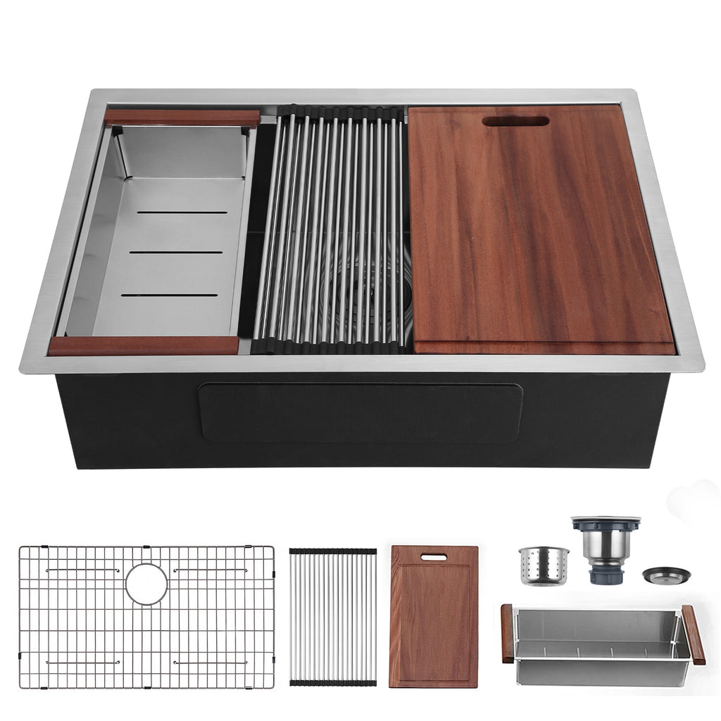 30" x 19" Single Bowl Stainless Steel Undermount Workstation Kitchen Sink (18 Gauge) ｜ALWEN