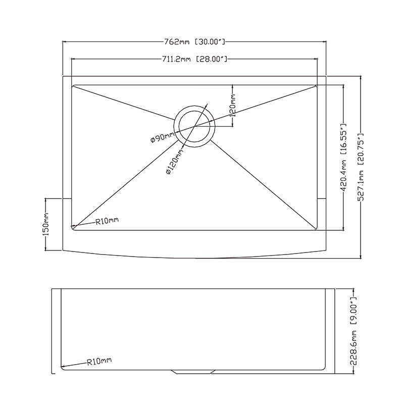 30" X 21" Single Bowl Stainless Steel Farmhouse Kitchen Sink (18 Gauge) ｜ALWEN