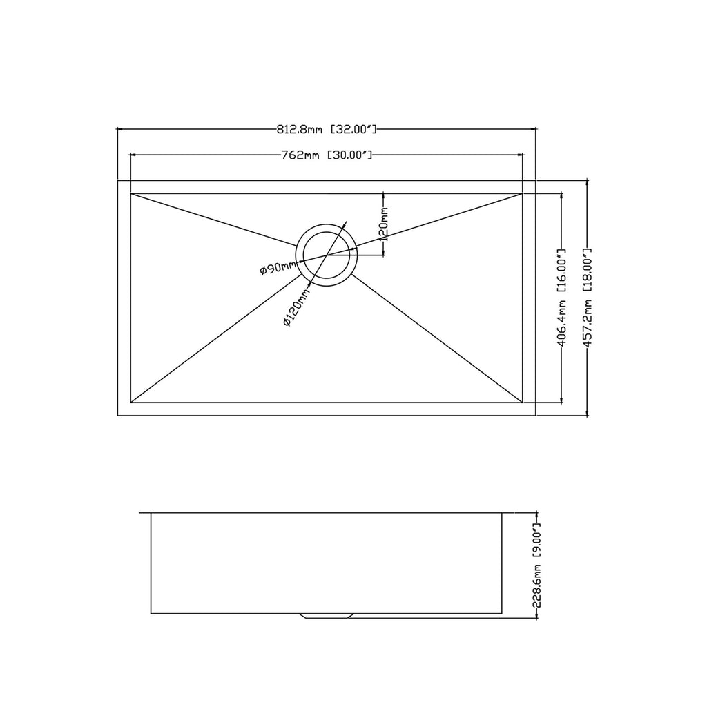 32" x 18" Single Bowl Stainless Steel Undermount Kitchen Sink (18 Gauge) ｜ALWEN