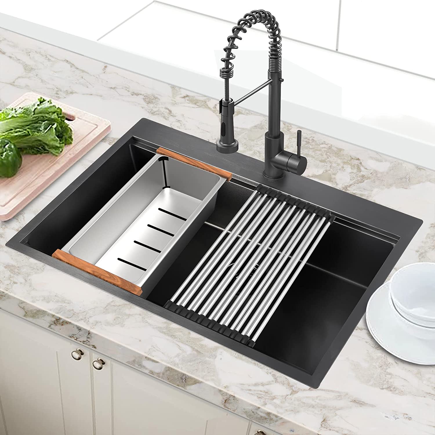 33 x 22 x 10 inch Drop-in Kitchen Sink, Gunmetal Black 16 Gauge Stainless Steel Sink Workstation Ledge Modern Topmount Single Bowl Kitchen Sink