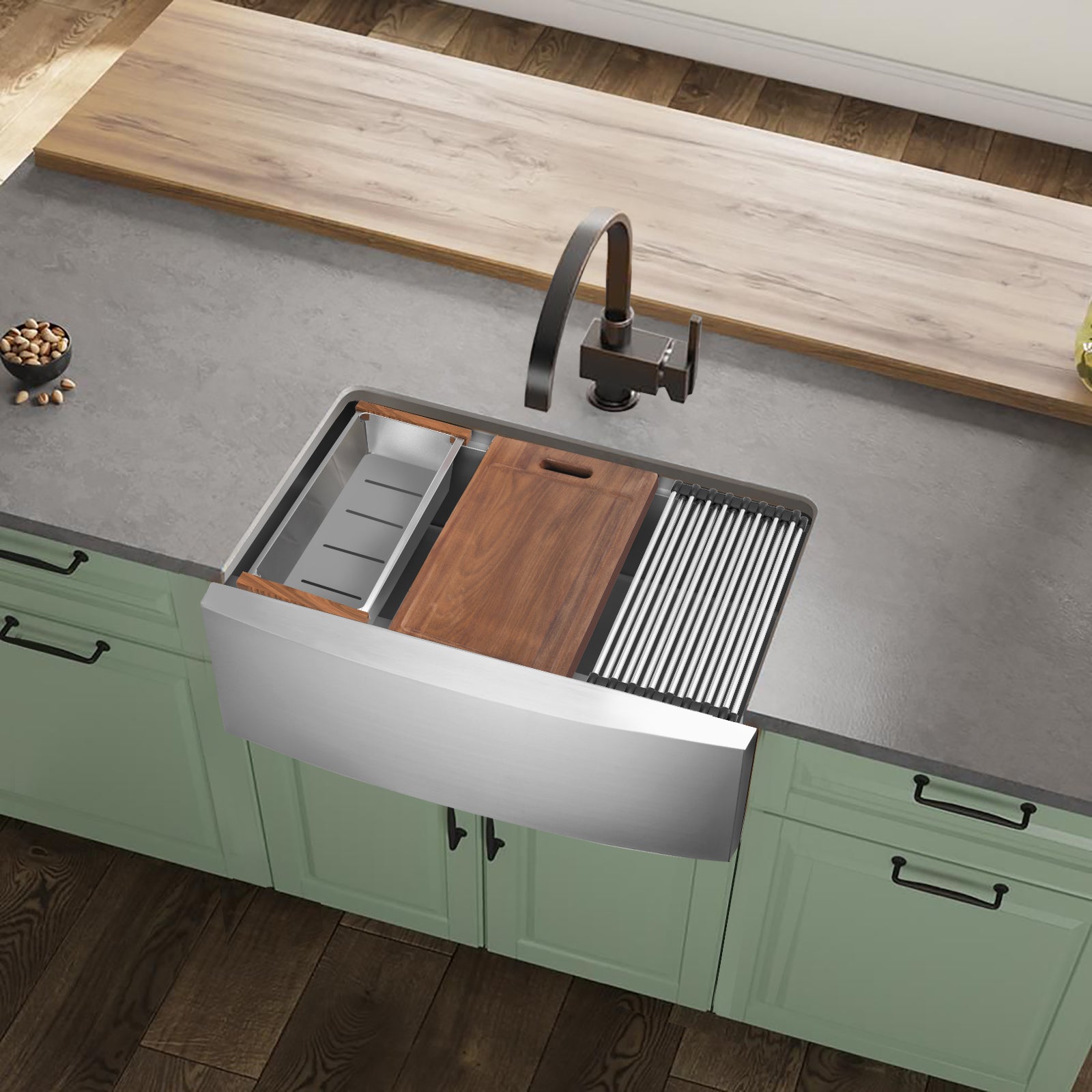 33" X 22" Single Bowl Stainless Steel Farmhouse Workstation Kitchen Sink (18 Gauge) ｜ALWEN