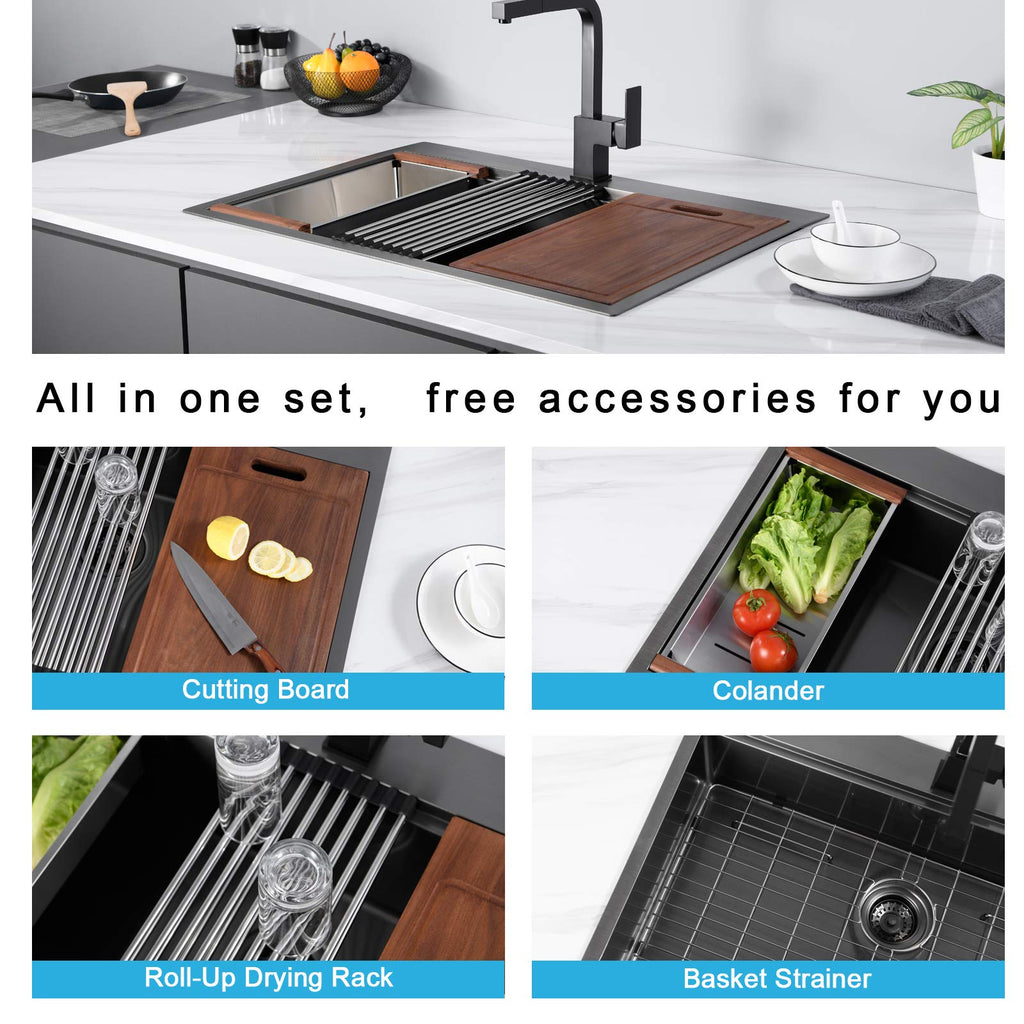 36 x 22 x 10 inch Drop-in Kitchen Sink, Gunmetal Black 16 Gauge Stainless Steel Sink Workstation Ledge Modern Topmount Single Bowl Kitchen Sink