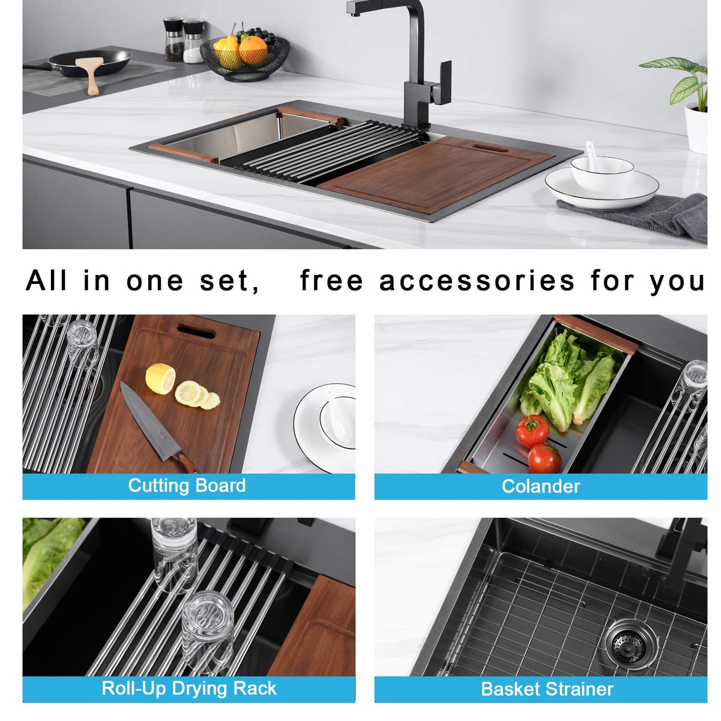 36 x 22 x 10 inch Drop-in Kitchen Sink, Gunmetal Black 16 Gauge Stainless Steel Sink Workstation Ledge Modern Topmount Single Bowl Kitchen Sink