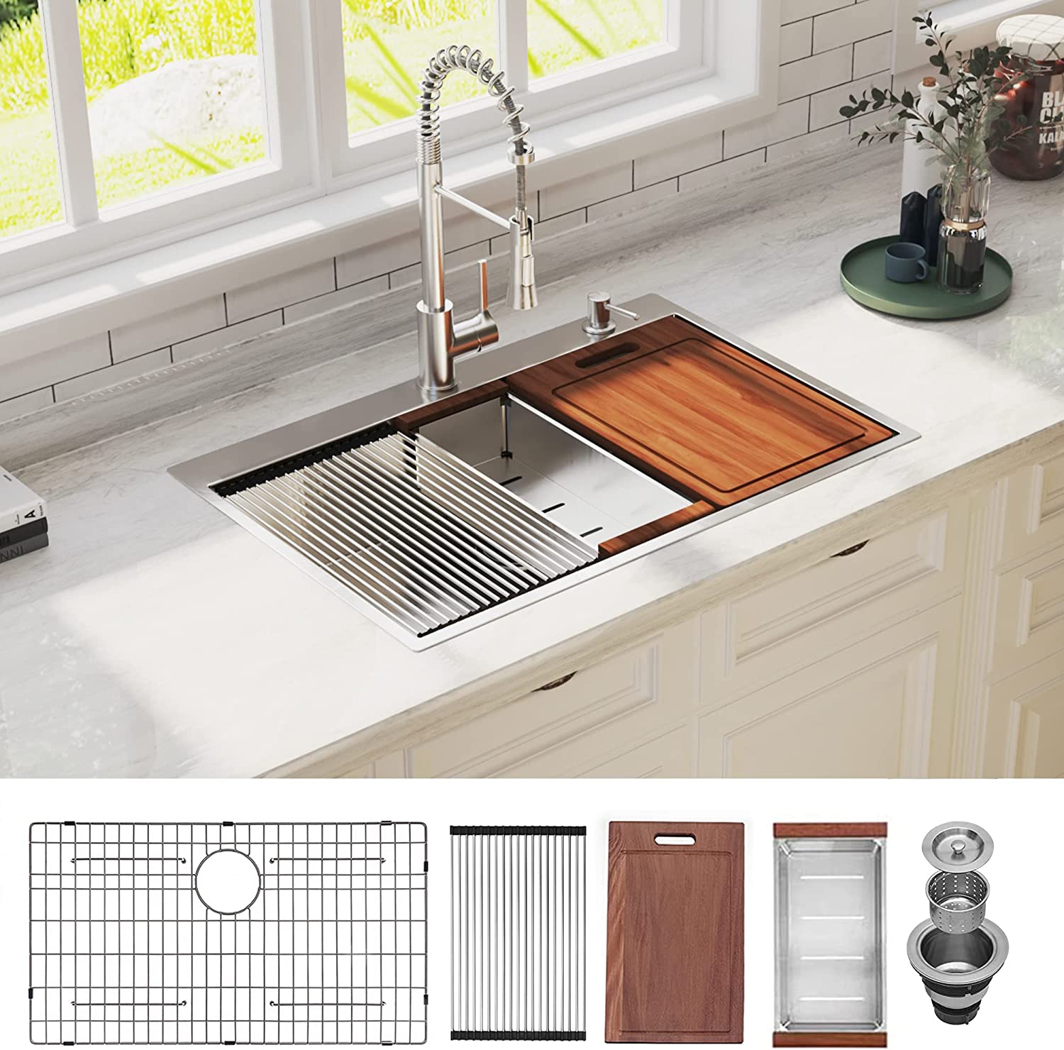 33 inch Drop-in Kitchen Sink, Handmade Drop In Workstation Sink Topmount Kitchen Sink Stainless Steel 18 Gauge Modern Single Bowl Kitchen Sink with Ledge and Accessories ( Pack of 5 )